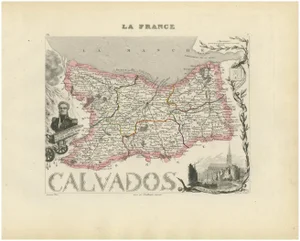 Map of Calvados France with Caen and Cider-Brandy Region, 1800s