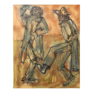 Moshe KatzModernist Israeli Rabbis Dancing in Jerusalem, Judaica, Mixed Media Painting, c. 1950 For Sale