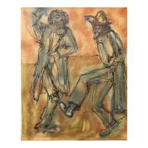 Moshe KatzModernist Israeli Rabbis Dancing in Jerusalem, Judaica, Mixed Media Painting, c. 1950