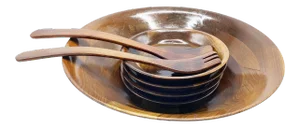 Mid-Century Modern Vermillion Walnut Wood Serving Bowl Set - 7 Pieces
