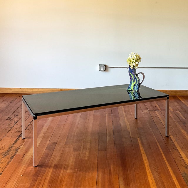 Florence Knoll Attributed Aluminum and Smoked Glass Coffee Table For Sale - Image 4 of 9