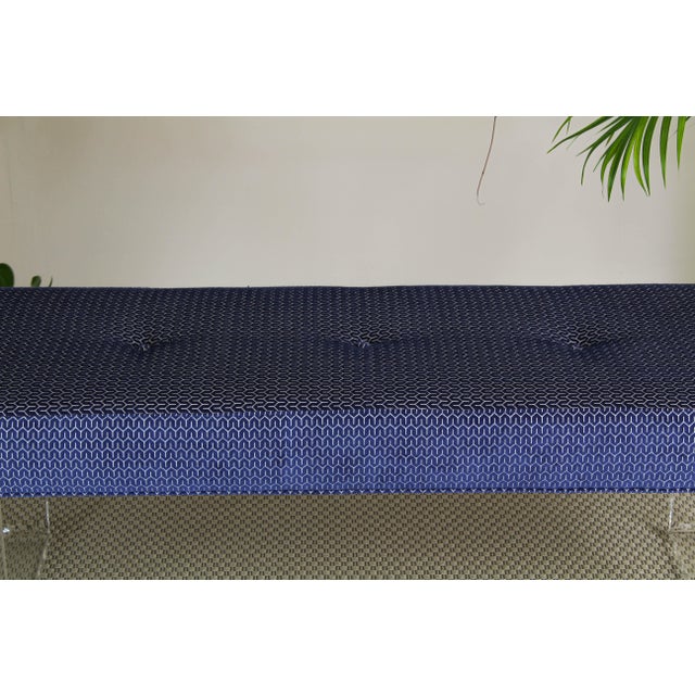 Waterfall Lucite & Blue Chenille Bench For Sale - Image 4 of 10