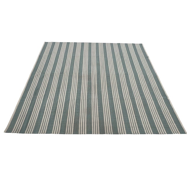 Handmade Woolen Flat Weave Rug, Blueish Grey and White Striped Wool Rug - 8'x10' For Sale - Image 11 of 13