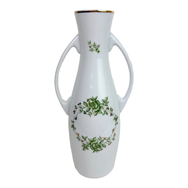 1950s Hollohaza Hungary Erika Green Floral Handled Porcelain Vase For Sale