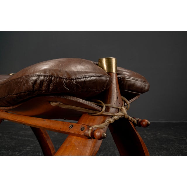 Moroccan Camel Saddle Stool in Stained Wood with Brass and Leather, 1980s For Sale - Image 14 of 18