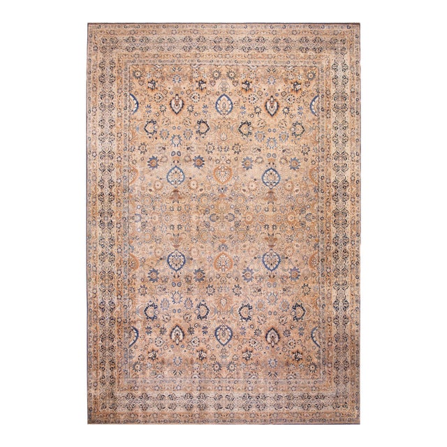 Luxurious Beige Background With Special Allover-Floral Design Antique Persian Kirman Rug For Sale