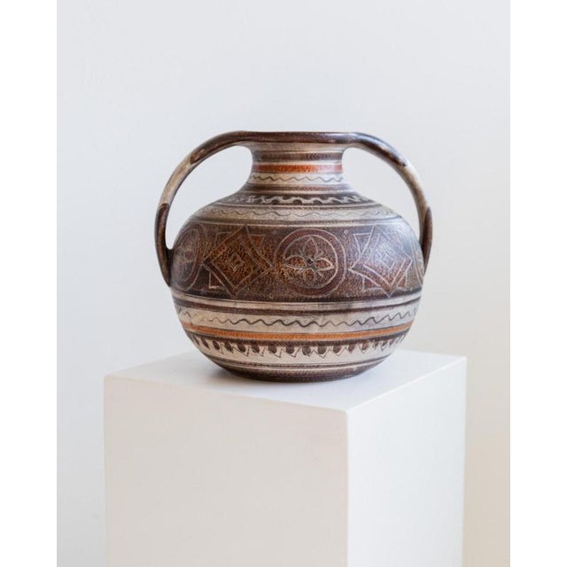 Vintage Italian Hand-Painted Brown Ceramic Vase with Decorative Pattern and Two Handles from Italica Ars, 1960s For Sale - Image 12 of 13