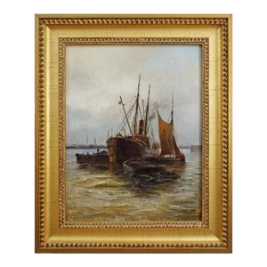 Antique Maritime Oil Painting Steam Ship Harbor Signed