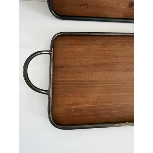 Contemporary Vintage Handmade Wood Serving Trays With Hand-Forged Metal Frames – Set of 2 For Sale - Image 3 of 13