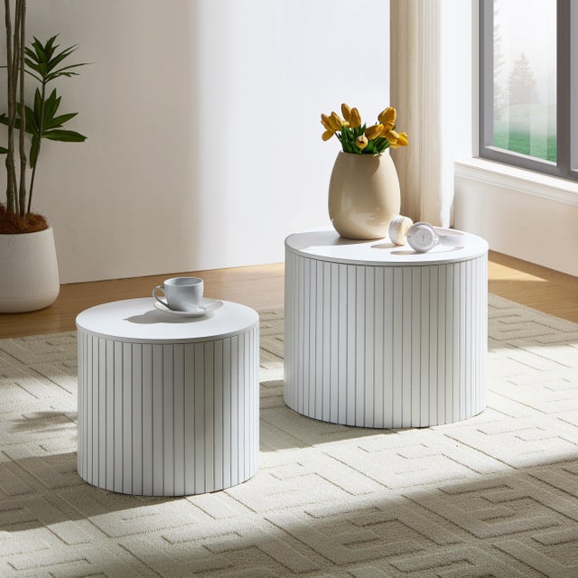 Not Yet Made - Made To Order Modern Fluted Round Nesting Coffee Table Set (2) – White Mdf, New For Sale - Image 5 of 16