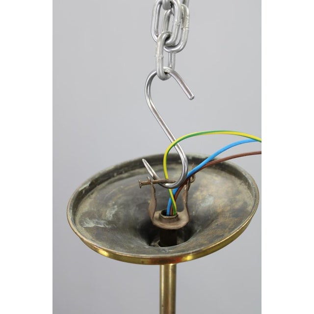 1930s Czechoslovak Art Deco Brass Chandelier with Four Opaline Glass Globes For Sale - Image 10 of 14