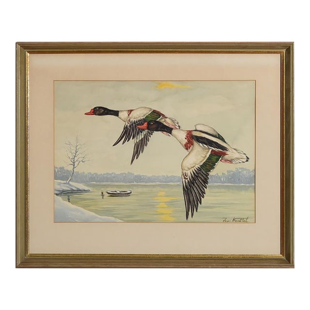 Mid 20th Century Ducks in Flight Watercolour by Jean Herblet (1893-1985) Ex- c.z. Guest Collection For Sale