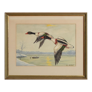 Mid 20th Century Ducks in Flight Watercolour by Jean Herblet (1893-1985) Ex- c.z. Guest Collection