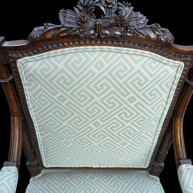 Brown Pair of Antique French Hand-Carved Louis XVI Style Armchairs For Sale - Image 8 of 11