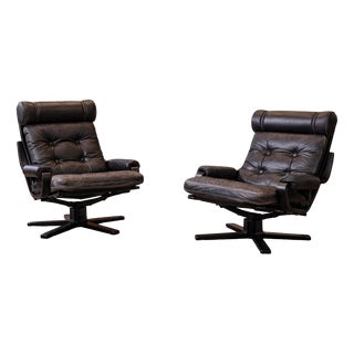 Mid-Century Modern Black Leather, Metal and Wood Spinning Armchairs, 1980s, Set of 2 For Sale