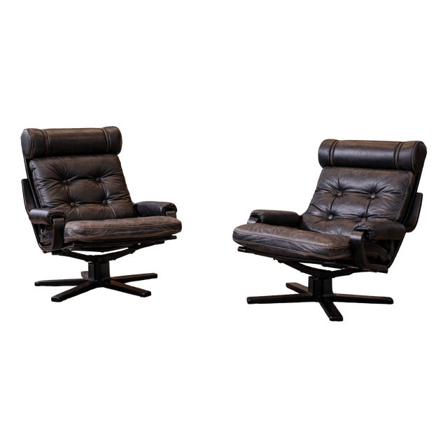 Mid-Century Modern Black Leather, Metal and Wood Spinning Armchairs, 1980s, Set of 2 For Sale