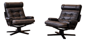 Mid-Century Modern Black Leather, Metal and Wood Spinning Armchairs, 1980s, Set of 2
