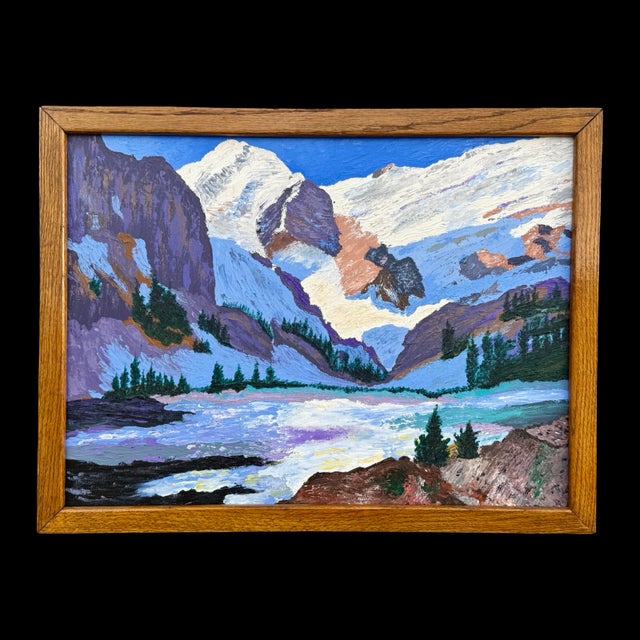 Expressionism Mid-Century Expressionist Winter Mountain Landscape Oil Painting W/ Original Vintage Wood Frame For Sale - Image 3 of 9