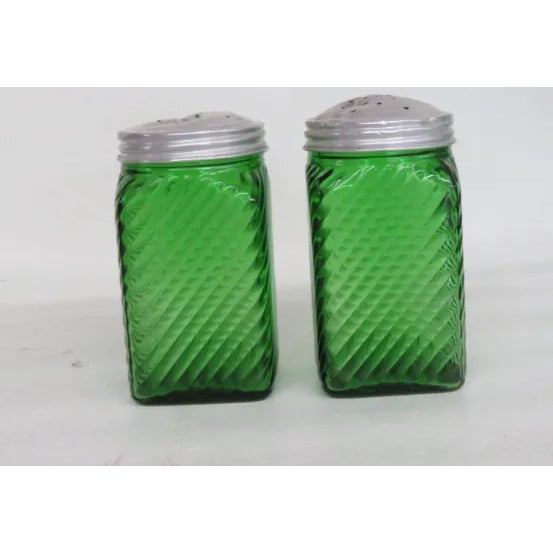 Glass Owens Illinois Diagonal Ribbed Emerald Green Glass Shakers a Pair For Sale - Image 7 of 10