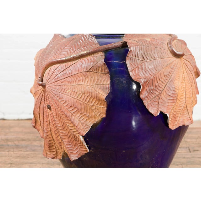 Ink Blue Large Thai 20th Century Cobalt Blue Planter with Raised Palm Leaf Motifs For Sale - Image 8 of 11