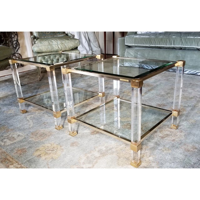 Pair Of 1970's Signed "Pierre Vandel" Lucite & Gilded Metal End Tables. 2 pairs available - total of 4 end tables. Priced...