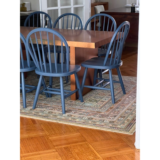 Set of 8 vintage American spindle-back dining chairs custom-painted in Farrow & Ball Hague Blue. Sturdy, classic...
