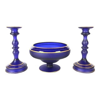 1930s Art Deco Cobalt Blue Satin Glass Candlesticks & Centerpiece Bowl Set For Sale