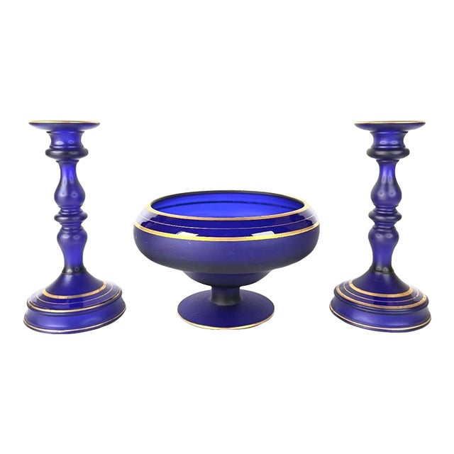 1930s Art Deco Cobalt Blue Satin Glass Candlesticks & Centerpiece Bowl Set For Sale