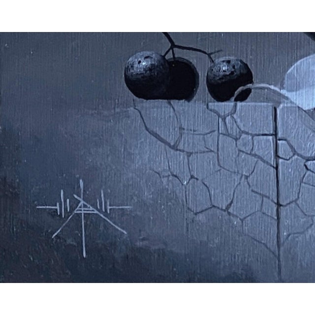 This oil on panel artwork presents a teapot rendered in rich shades of black and gray, creating a serene yet contemplative...