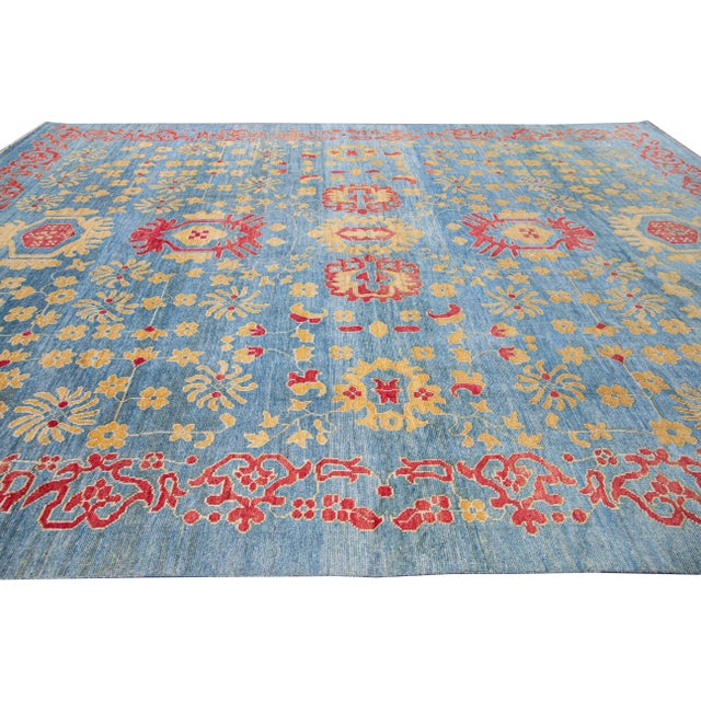 Blue Modern Oushak Handmade Floral Blue Oversize Wool Rug For Sale - Image 8 of 9