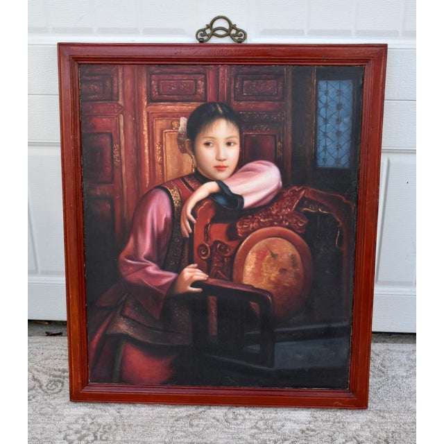 Antique - 1920's Painting on Board. Portrait of Chinese Woman. Oil on Board with a Wood Frame and Brass Hanger. The...