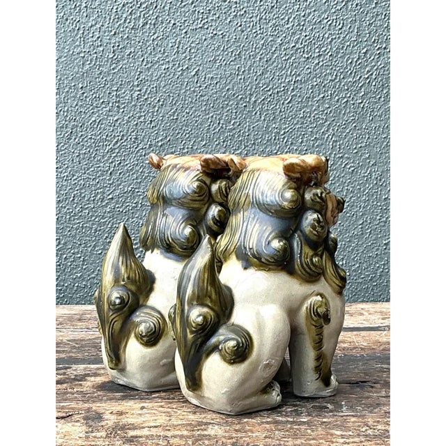 Sand Vintage Ceramic Foo Dog Statues - Pair For Sale - Image 8 of 12