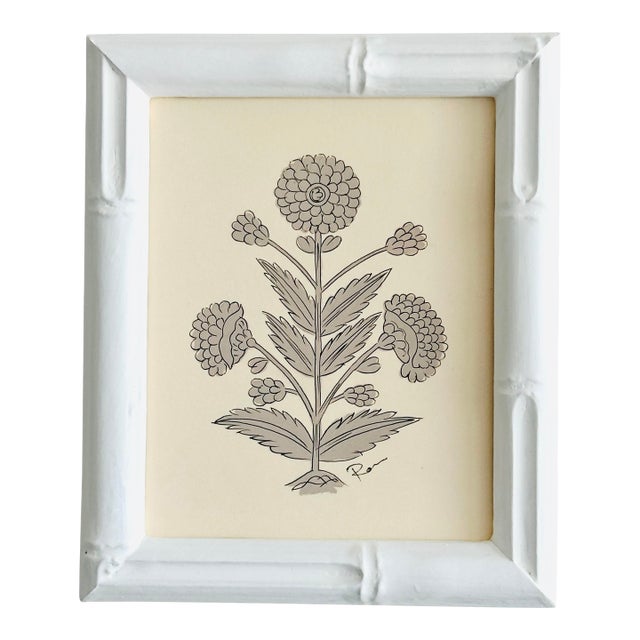 Hand-Painted Jaipuri Gray Floral Motif Painting. Framed For Sale