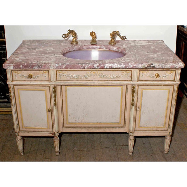 Unique and rare antique 1930's Louis XVI style lavatory cabinet with purple lustre oval basin (18.75 w x 13.75) set in...