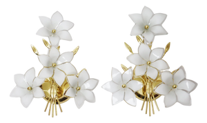Italian Hollywood Regency Wall Lights with White Flowers, 1980s, Set of 2