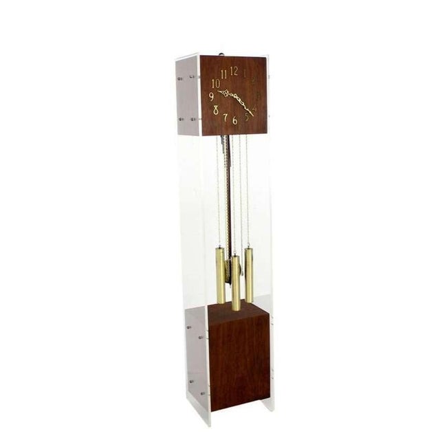 Brown Mid Century Modern Walnut Designer Lucite Grandfather Clock with Chime For Sale - Image 8 of 8