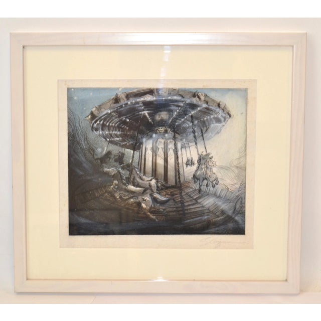 White Framed Signed Antique French Montmartre Carousel Night Mid-Century Modern For Sale - Image 12 of 13