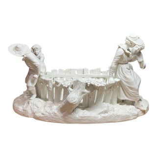 Antique White Porcelain Picket Fence Centerpiece With Courting Couple and Children Royal Worcester 1890 For Sale