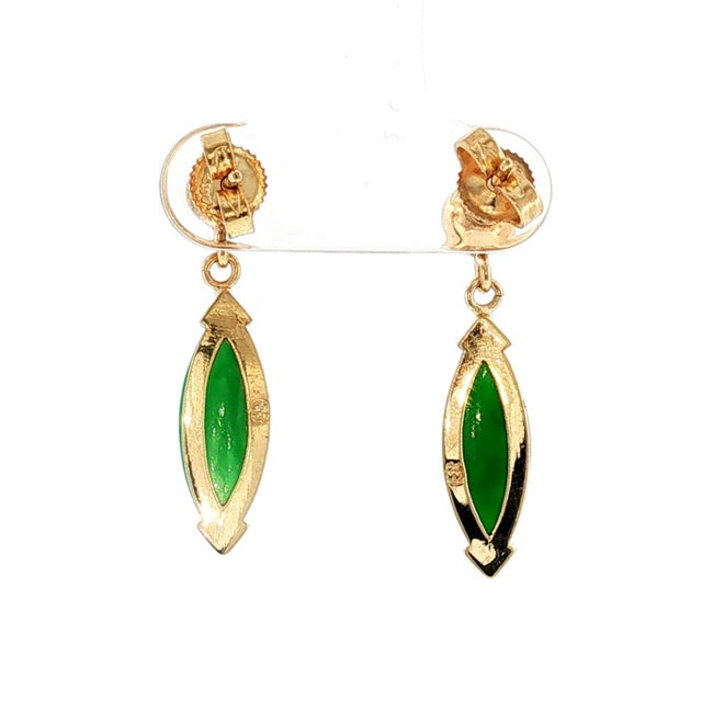 Contemporary Late 20th-Century 14k Yellow Gold Marquise Shaped Jadeite Drop Earrings For Sale - Image 3 of 4