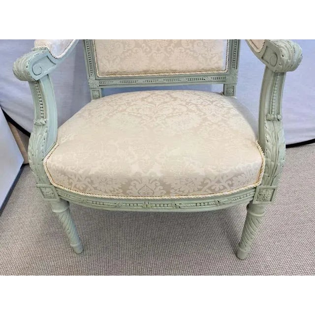 French Pair of Louis XVI Style Throne or Arm Chairs, Paint Decorated Frames For Sale - Image 3 of 13
