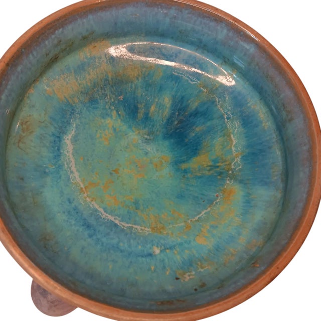 Vintage Mexico Pottery Footed Pedestal Bowl Planter Blue Green Gray Brown Mayan Aztec Design For Sale In Austin - Image 6 of 15