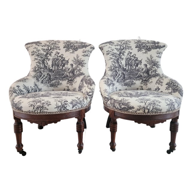 Antique Victorian Toile Upholstered Parlor Slipper Chairs on Casters – A Pair For Sale