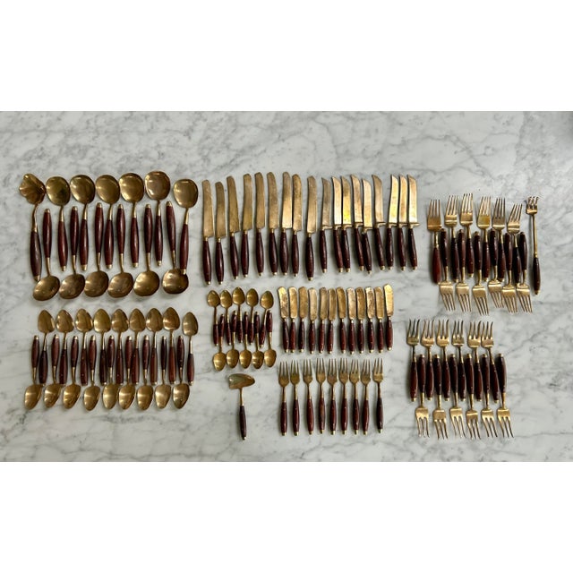 Vintage Mid Century Bronze and Wood Flatware Set of 106 | Chairish
