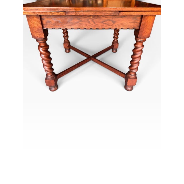 1930s Solid Oak Barley Twist Draw-Leaf Dining Table – Excellent Condition For Sale - Image 9 of 11