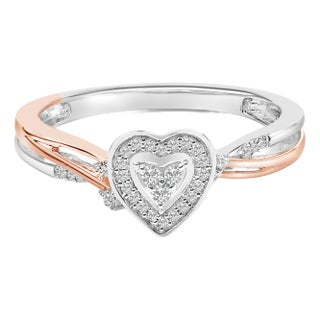 14K Rose Gold Plated Sterling Silver 1/10 Cttw Diamond Heart Motif Ring - Size 7 For Sale