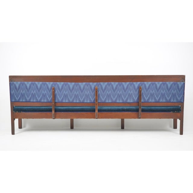 Mid 20th Century Traditional 114.75 In. Blue Velvet Walnut Settee Bench For Sale - Image 10 of 12