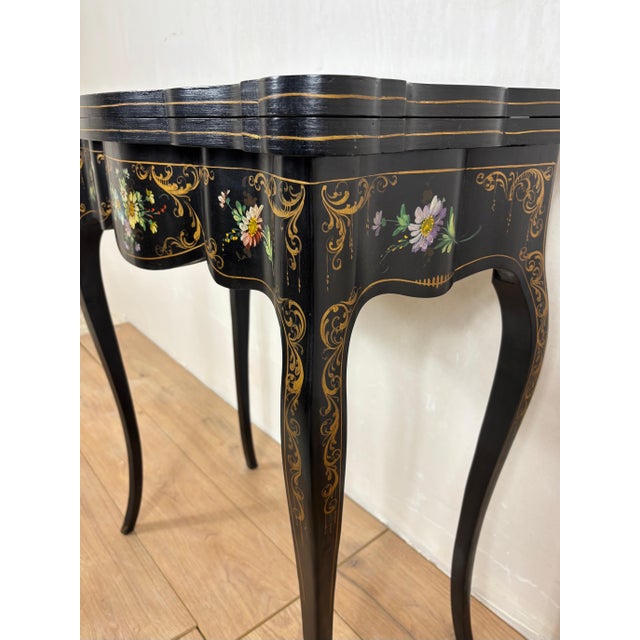Chinese Black Lacquer Games Table with Hand-Painted Floral Decoration For Sale - Image 4 of 18