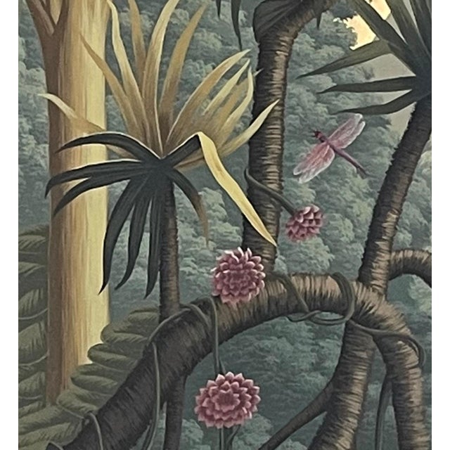 Indian Vintage Tropical Jungle Hand-Painted Wallpaper Panel With Flamingos For Sale - Image 3 of 3