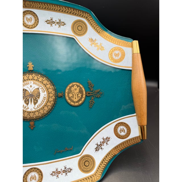 Teal Vintage MCM Georges Briard Teal & Gold Butterfly Curved Glass Tray W/ Wood Handles For Sale - Image 8 of 10