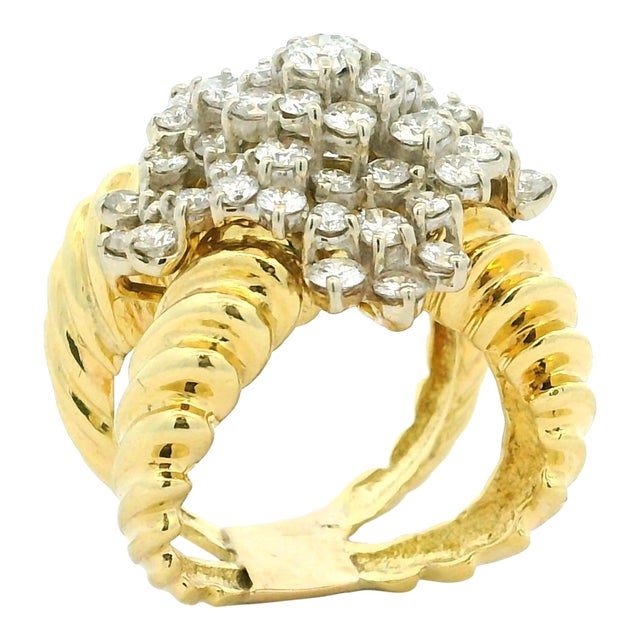 Vintage 18k Gold Diamond Bombe Cocktail Ring, 3.75 Carats, Size 7 For Sale